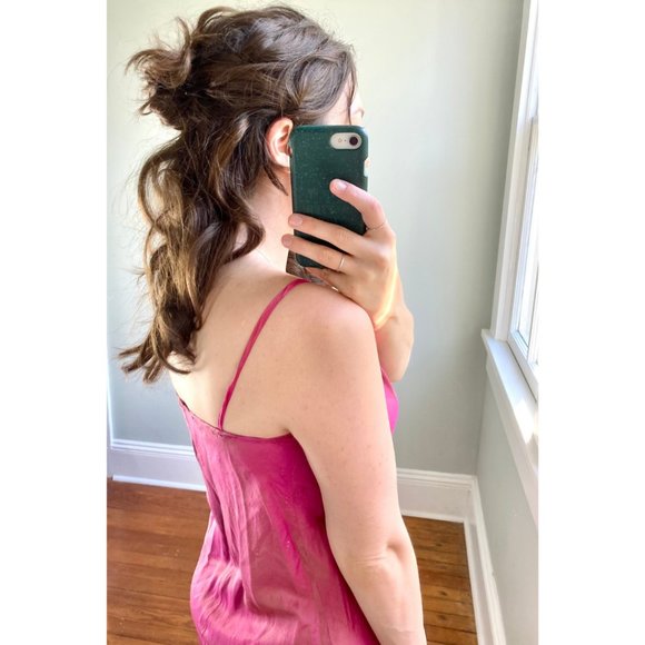 Vintage 90s Hot Pink Fuschia Irridescent Silk Midi Sleeveless Slip Dress S/M - Picture 5 of 10